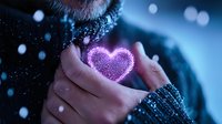 Glowing purple heart floating above hands in winter scene with bokeh lights and cozy sweater, magical romantic atmosphere for Valentine's Day and holiday designs.