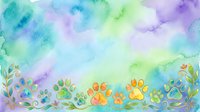 Watercolor painted paw prints in rainbow colors with floral elements on soft gradient background, suitable for pet-related designs, greeting cards, and children's artwork projects.