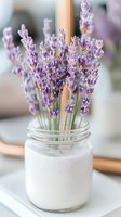 Fresh lavender stems in glass jar with white sand, creating serene home decor arrangement with soft purple blooms against blurred background.