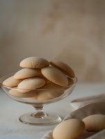 Fresh homemade vanilla sugar cookies stacked in elegant glass dessert bowl against neutral beige background, soft natural lighting creates gentle shadows and texture.