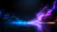 Mystical night sky with vibrant aurora borealis reflection on calm water surface, featuring cosmic nebula clouds in purple and blue colors with glowing stars.