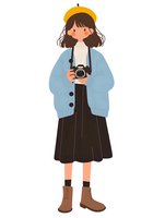 Young Asian woman photographer in casual style wearing orange beret, blue cardigan and black dress holds camera. Minimalist illustration on white background.