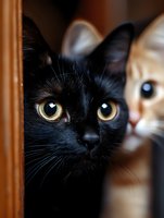 Close-up portrait of curious black cat with bright yellow eyes peeking from behind wooden door frame, with ginger cat blurred in background, creating mysterious mood.