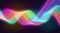 Abstract neon wave lines flowing in vibrant rainbow colors on dark background for digital art, music visualization and modern graphic design projects.