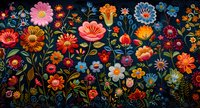 Vibrant folk art style floral pattern with colorful wildflowers, daisies, and botanical elements against dark background creates whimsical garden scene.