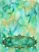 Abstract watercolor background in soft green, turquoise, and yellow tones with ornate gold decorative frame. Suitable for invitations, greeting cards, and design projects.