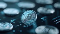 Shiny metallic cryptocurrency coins on dark background with digital numbers and symbols, dramatic lighting creates futuristic atmosphere for financial technology concept.