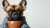 Adorable French Bulldog puppy in gray knit sweater looking up while sitting next to large brown ceramic coffee mug against light background.