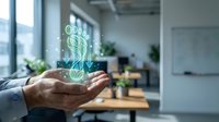 Businessman hands presenting holographic CO2 reduction symbol in modern office environment showcasing environmental sustainability and carbon footprint management.