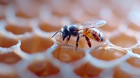 Macro shot of honey bee collecting nectar on white honeycomb structure with soft orange background, showing detailed wings and body segments in sharp focus.