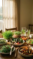 Fresh organic vegetables and microgreens arranged on wooden dining table with natural sunlight streaming through window for healthy cooking preparation.