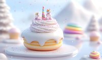 Festive donut topped with swirled cream frosting, rainbow sprinkles and unicorn decorations on pastel background with magical bokeh effect and soft winter atmosphere.