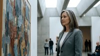 Professional middle-aged Caucasian woman in gray blazer contemplating abstract artwork in modern art gallery with natural lighting and visitors in background.