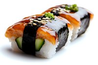 Fresh salmon nigiri sushi with cucumber, nori seaweed, and sesame seeds on white rice, arranged in row showing glossy texture and vibrant colors.