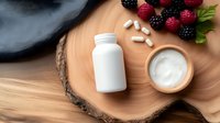 Fresh raspberries and blackberries with white supplement bottle and pills on wooden slice, natural medicine and vitamin concept for healthy lifestyle.