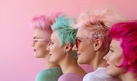 Diverse models with vibrant pastel hair in pink, mint, blonde, and fuchsia against pink background, showcasing modern hairstyle trends.