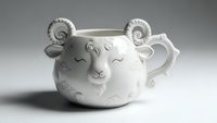 White ceramic ram mug with curled horns and cute face isolated on gray background for kitchen decor and drinkware design.