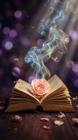 Open book with pink rose and luminous smoke wisps rising above pages, surrounded by bokeh lights and scattered petals on wooden surface, symbolizing imagination and storytelling.