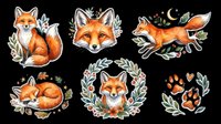 Watercolor fox illustrations set featuring sitting, jumping, and resting poses with botanical elements. Isolated on transparent background, ready for t-shirts, clipart, stickers, sublimation, and print-on-demand designs.