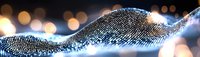 Glowing digital wave with sparkling particles against blurred bokeh background, representing data visualization, technology concept, or abstract digital landscape.
