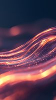 Glowing orange and pink light waves flow with sparkling particles against dark background, creating dynamic motion effect with luminous streaks and bokeh elements.