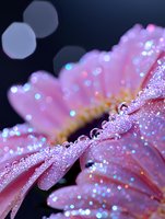 Pink gerbera daisy petals with morning dew drops and bokeh effect on dark background, macro photography showing delicate water droplets and sparkles.