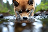 Adorable Shiba Inu puppy drinking fresh water from natural stream with water droplets splashing around muzzle in forest setting for pet care concepts.