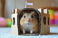 Adorable brown hamster peeking out from cardboard castle fortress with tiny flag on top, sitting on white surface against blurred colorful background.