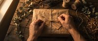 Hands wrapping gift with brown kraft paper and twine on rustic wooden table with eucalyptus branches and natural decorative elements for holidays.