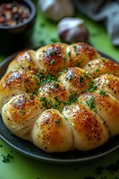 Freshly baked pull-apart bread rolls arranged in flower shape, topped with herbs, sesame and poppy seeds on dark plate against green background. Food photography.