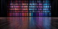 Colorful library interior with glowing bookshelves illuminated by neon lights casting vibrant reflections on wooden floor, modern minimalist design for reading space.