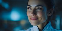 Young woman with gentle smile in blue-toned lighting environment, conveying confidence and approachability in professional setting.