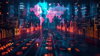 Futuristic digital world map with glowing data visualization and financial market graphs in neon pink and blue colors perfect for global business and technology concepts.