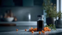 Dark liquid in glass bottle with fresh sea buckthorn berries and herbs on kitchen countertop, creating natural remedy or culinary ingredient.