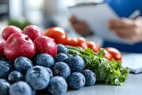 Fresh organic produce with water droplets featuring vibrant blueberries, red radishes, cherry tomatoes and green lettuce on white surface in kitchen setting.