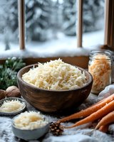 Fresh sauerkraut in wooden bowl with raw carrots and spices on rustic table by snowy window, fermented cabbage for healthy winter meal.