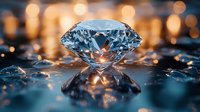 Brilliant diamond with light reflections on wet surface against blurred golden bokeh background, luxury jewelry macro photography with dramatic lighting.