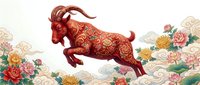 Red ornate goat with golden floral patterns leaping through clouds and blooming flowers in traditional Asian art style for lunar new year celebrations.