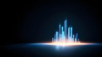 Glowing blue holographic city skyline rises from illuminated horizon against dark background, futuristic architectural visualization with light effects.