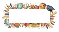 Educational supplies frame with books, pencils, globe, graduation cap and school items creating border space for text on white background.