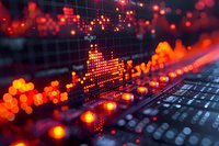 Digital stock market data visualization with glowing orange and red graphs on dark background showing financial analytics.