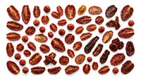 Assorted pecan nuts in various sizes arranged on white background, perfect for culinary designs, healthy snacking concepts and food packaging.