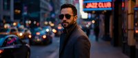 Adult male with dark hair and facial hair wearing sunglasses and brown jacket standing on urban street at dusk with neon signs and city lights in background for lifestyle and fashion content.