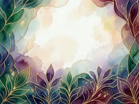 Watercolor botanical frame with gold leaf accents, purple and green foliage border on white background, suitable for invitations, cards, and design projects.