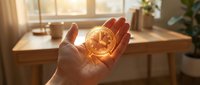 Young adult male hand holding glowing golden cryptocurrency coin in sunlit home office workspace with desk and window background for blockchain technology and digital finance concepts.