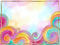 Colorful swirling ornamental borders with rainbow gradient spirals on soft pastel watercolor background, isolated design element for decorative projects and creative layouts.