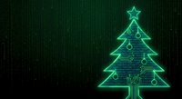 Digital Christmas tree with glowing green neon outline on dark matrix code background. Futuristic holiday concept for tech presentations and cyber celebrations.