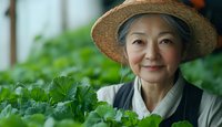 Senior Asian woman wearing straw hat and gardening vest smiles warmly while tending to lush green plants in greenhouse environment, representing active retirement lifestyle.