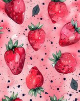Watercolor strawberries pattern with navy blue splashes and dots on pink background. Fresh summer berries seamless design for fabric, wallpaper and packaging.