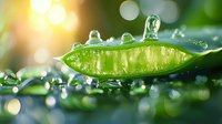 Fresh green pea pod with water drops and morning dew in sunlight. Natural macro photography with bokeh effect and soft focus creates dreamy atmosphere.